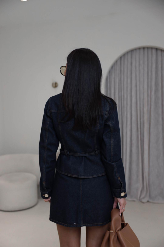 9266 Gold Düğmeli Belden Kemerli Denim Takım LACİVERT