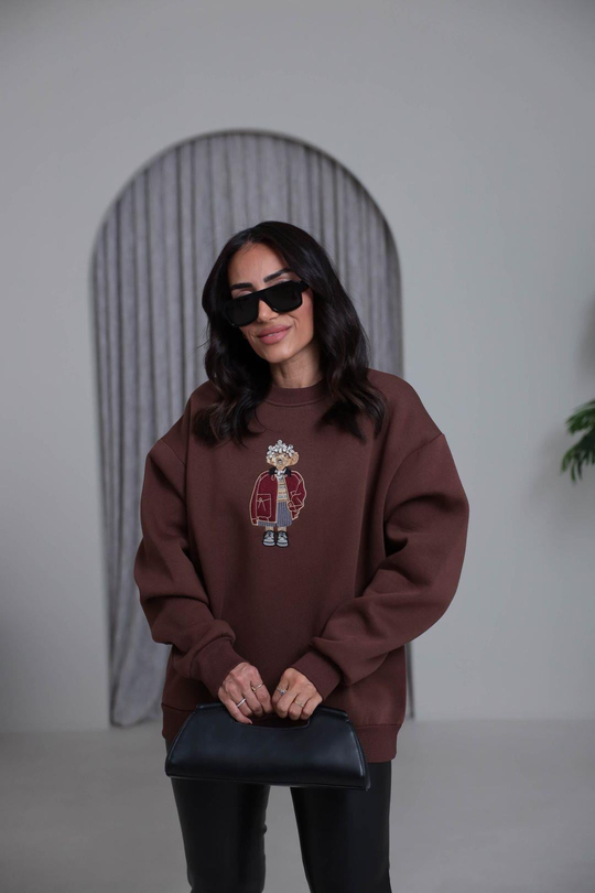 6910 Taşlı Aplikeli Şardonlu Sweatshirt KAHVE