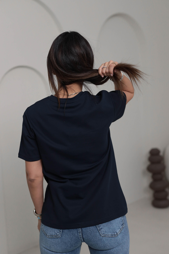 1022 Bisiklet Yaka Gümüş Yazı Detaylı Tshirt LACİVERT