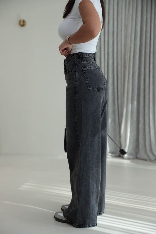 1020 Renk Yıkama Detaylı Wide Leg Denim Pantolon ANTRASİT