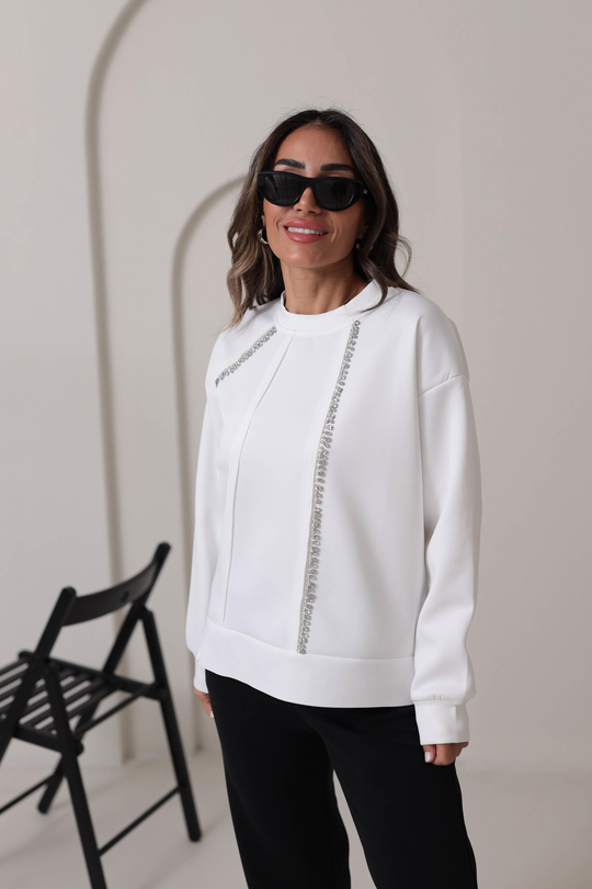 5368 Taş İşlemeli Scuba Kumaş Sweatshirt