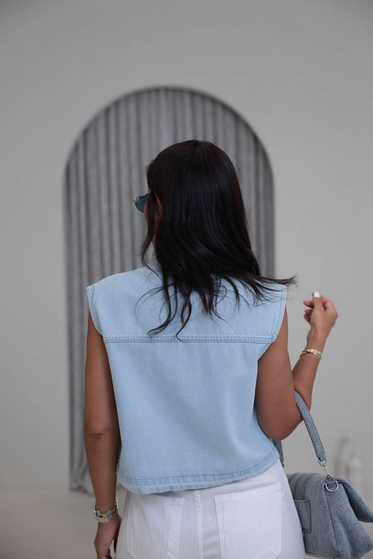 7457 Taş ve İnci İşlemeli Denim Crop Yelek MAVİ