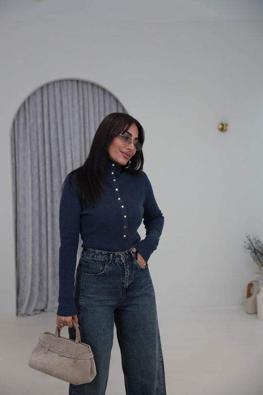 0686Y Çıtçıtlı Dik Yaka Triko Kazak Indigo