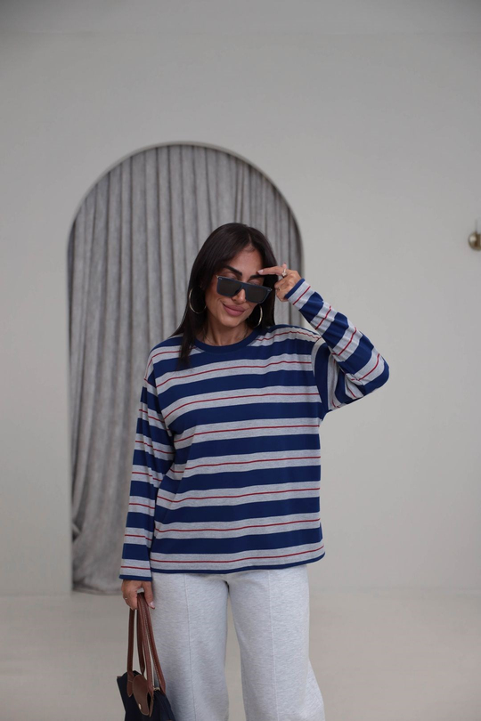 6357 Çizgi Detaylı Yumuşak Kumaş Sweatshirt LACİVERT