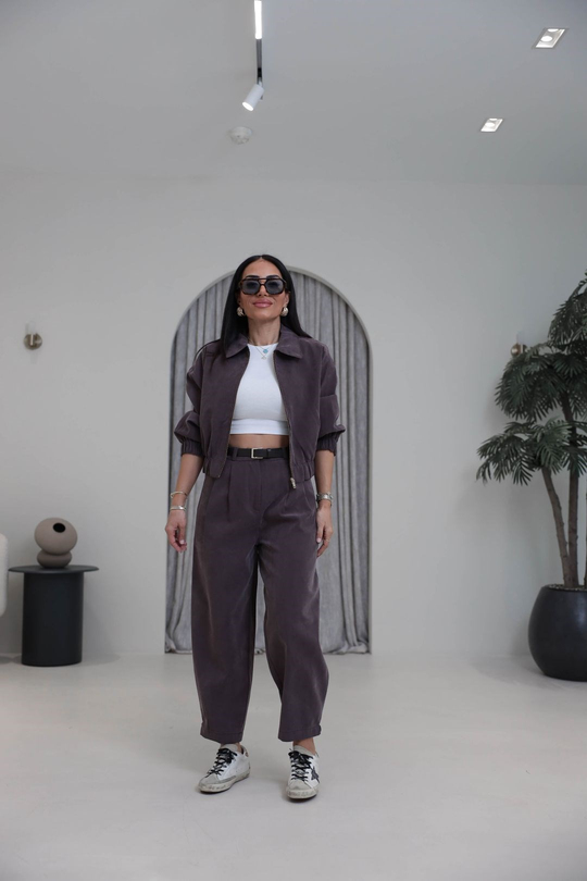 0735 Polo Yaka Bomber Ceketli Tencel Takım KAHVE