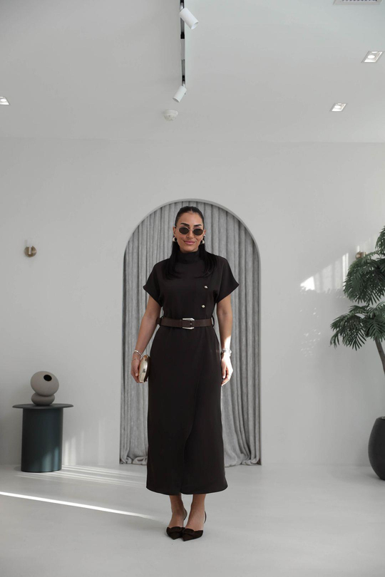 7045 Hakim Yaka Düğme Ve Kemerli Linda Elbise KAHVE
