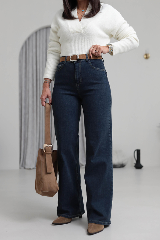 D-881 Yüksek Bel Kemerli Wide Leg Jean KOYU MAVİ