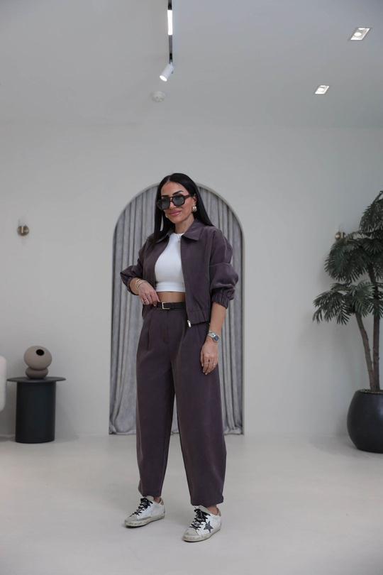0735 Polo Yaka Bomber Ceketli Tencel Takım KAHVE
