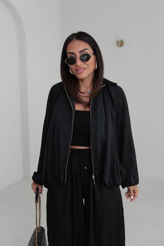 9584 Kendinden Desenli Saten Bomber Ceket SİYAH