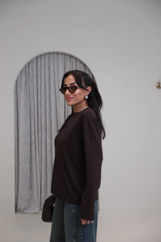 1448 Bisiklet Yaka uzun Kollu Oversize Tshirt KAHVE