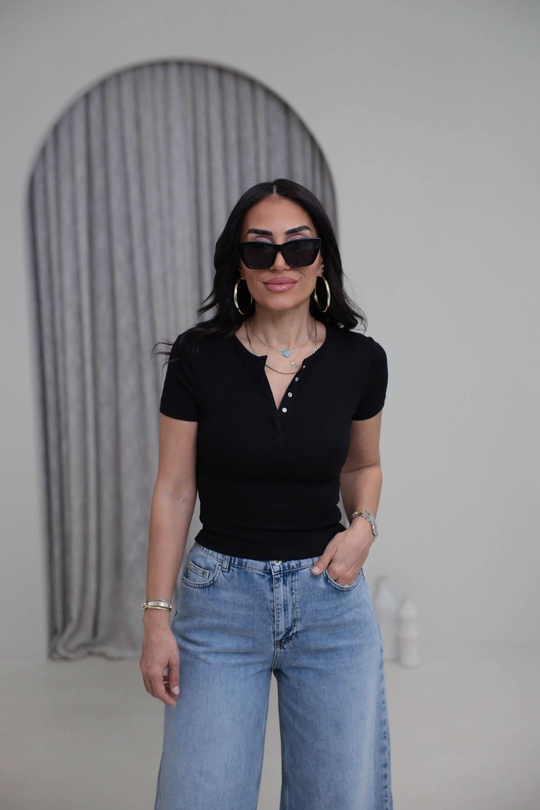 1704 Çıtçıt Düğmeli Kısa Kol Modal Tshirt SİYAH