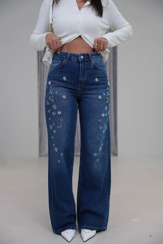 1071 Çiçek Motifli Renkli Taş İşlemeli Denim Pantolon KOYU MAVİ