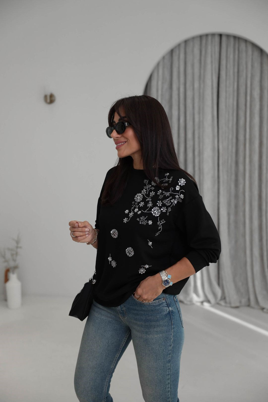 Bisiklet Yaka Pul ve Boncuk İşlemeli Orj Sweatshirt SİYAH