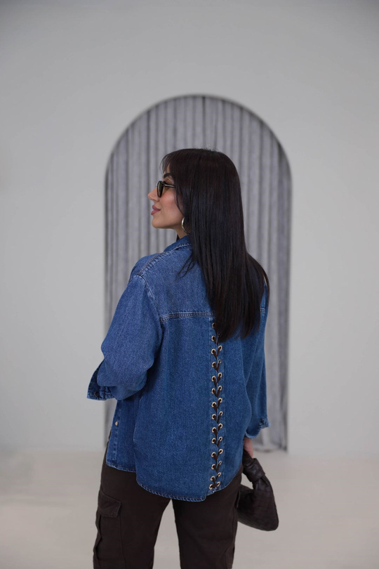 1181 Sırtı Çapraz Bağcık Detaylı Denim Gömlek Ceket KOYU MAVİ