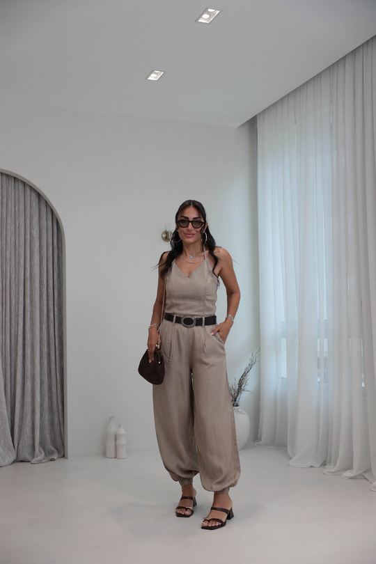 2330 Boyundan Bağlamalı Tencel Tulum KOYU BEJ