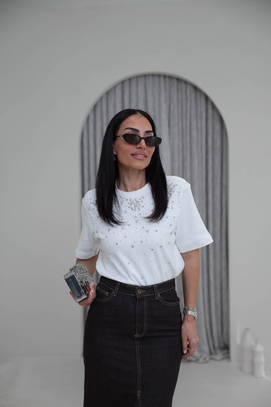 8202 Bisiklet Yaka Dağınık Taş Çakımlı Tshirt EKRU