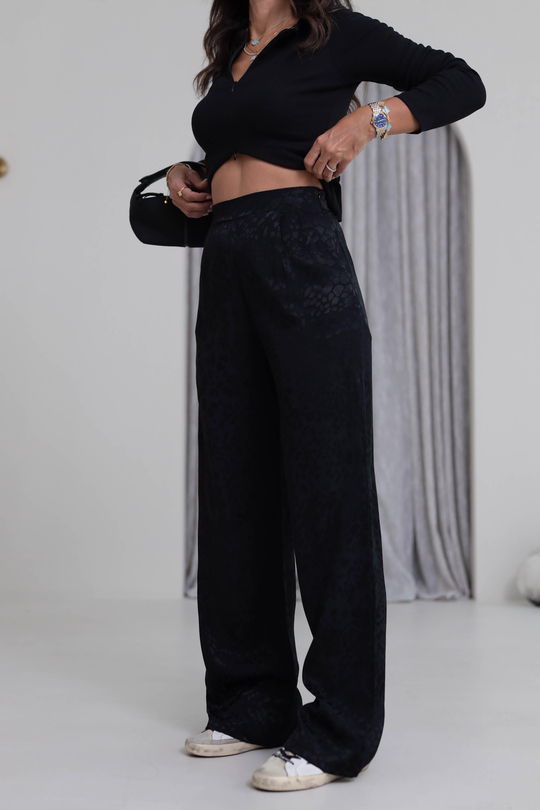 0338 Leopar Desen Saten Pantolon SİYAH