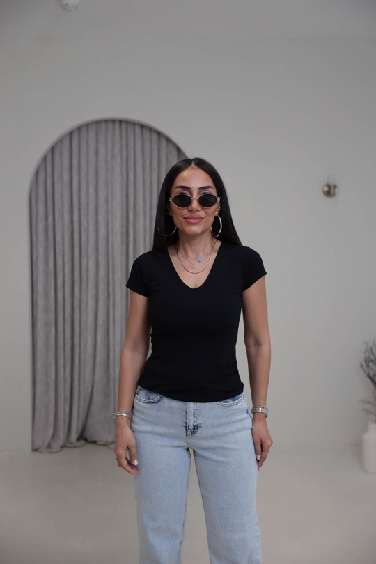 7548 V Yaka Basic Karol Tshirt SİYAH