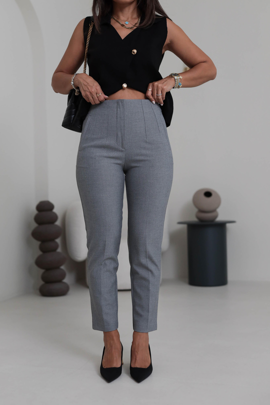 U5113-K Önü Flotalı Kumaş Pantolon KIRÇILLI GRİ