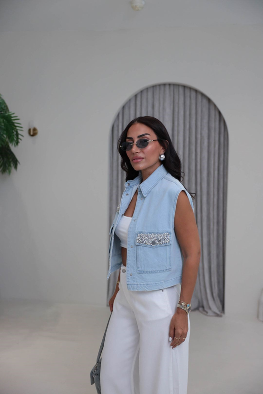 7457 Taş ve İnci İşlemeli Denim Crop Yelek MAVİ