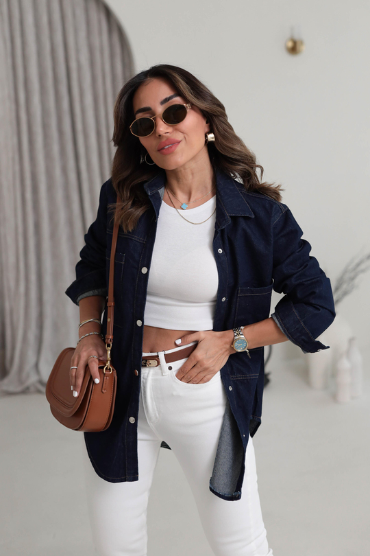 6016 Cep Detaylı Çıtçıtlı Denim Ceket KOYU LACİ