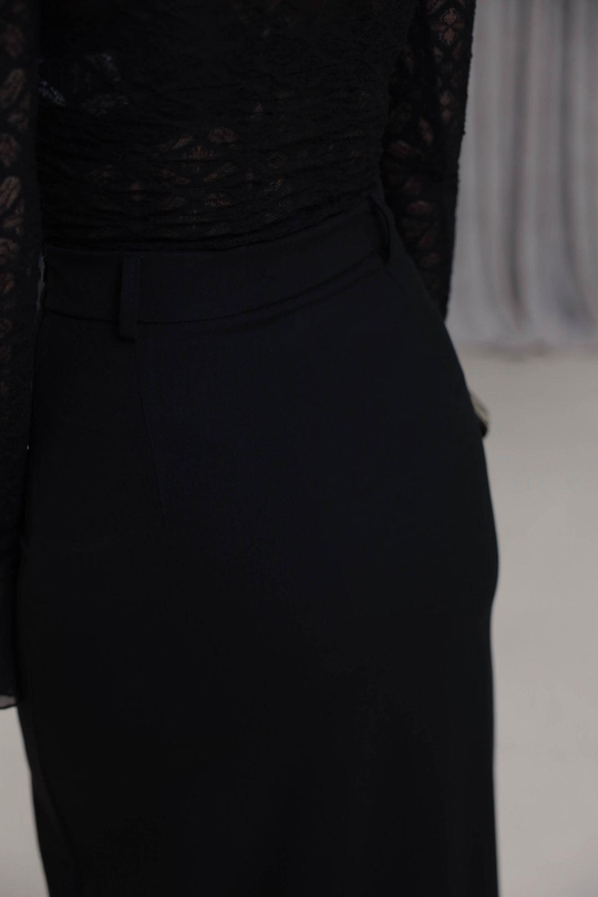 1017 Dantel Yırtmaçlı Kumaş Etek SİYAH