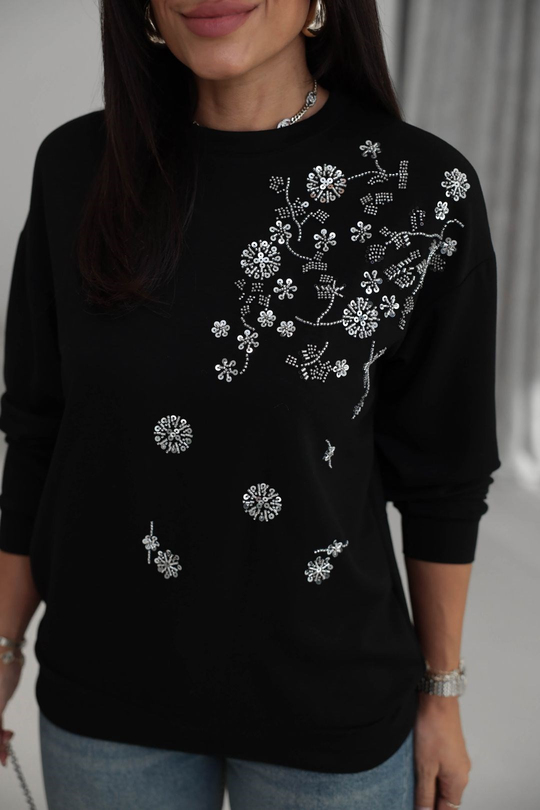 Bisiklet Yaka Pul ve Boncuk İşlemeli Orj Sweatshirt SİYAH