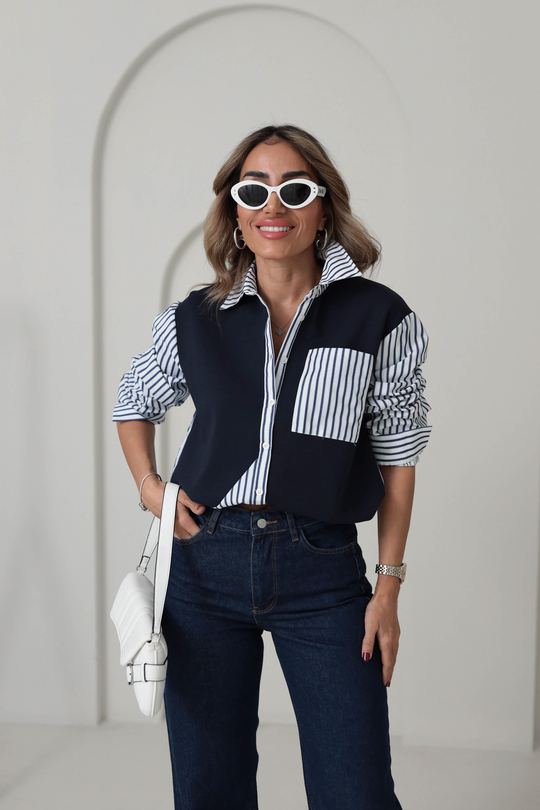 2988 Çizgili Poplin Garnili Gömlek LACİVERT