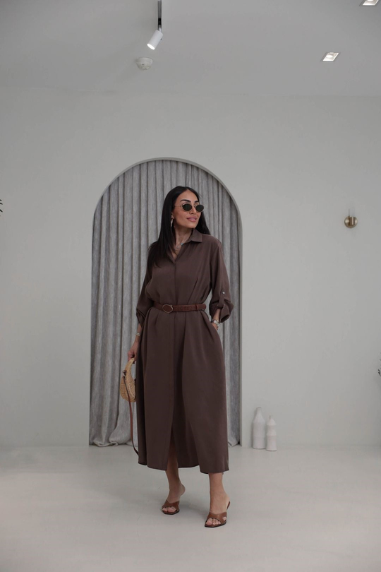 3270 Kemer Detaylı Tencel Kumaş Gömlek Elbise KAHVE