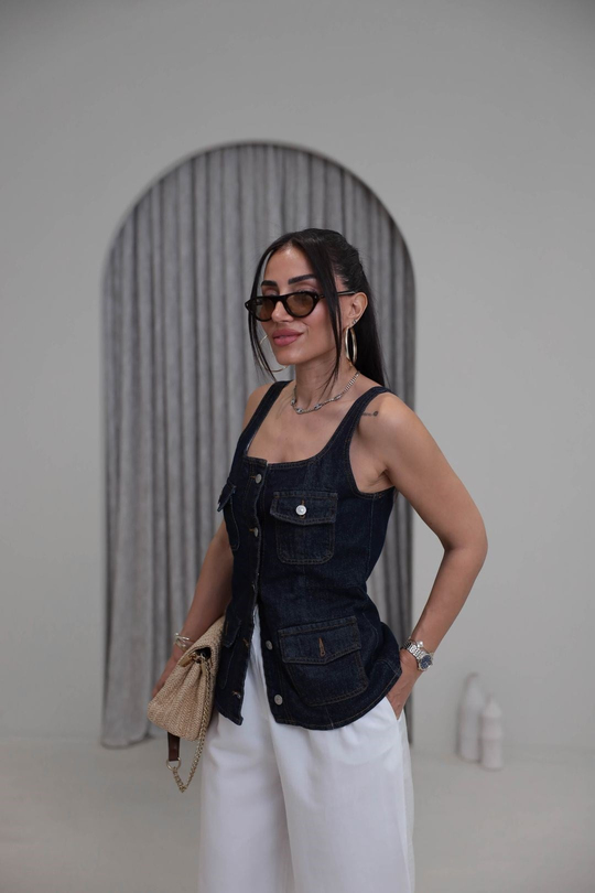 0996 Kare Yakalı Denim Yelek LACİVERT