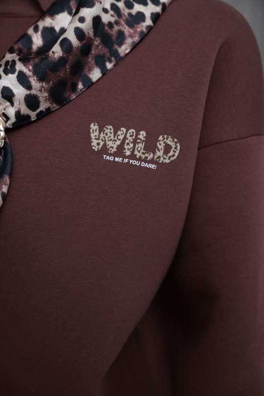 0613 Polo Yaka Fular Detaylı Şardonlu Sweatshirt KAHVE