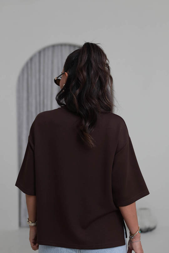4783 Bisiklet Yaka Rahat Modal Cupra Tshirt KAHVE