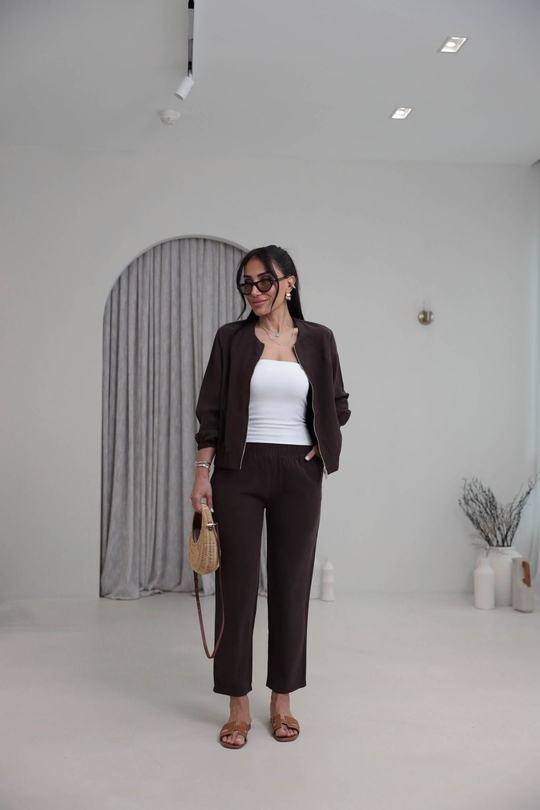 7132 Fermuarlı Tok Tencel Ceket Pantolon Takım KAHVE