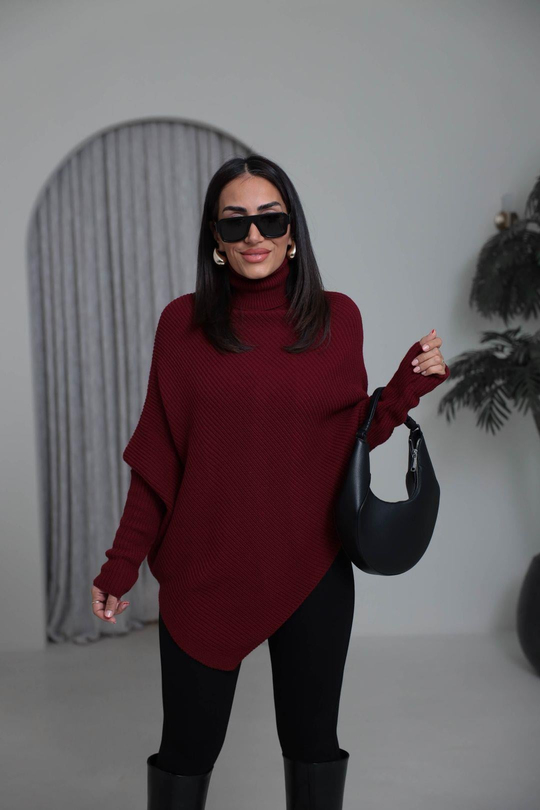 2574 Balıkçı Yaka Asimetrik Triko Kazak BORDO