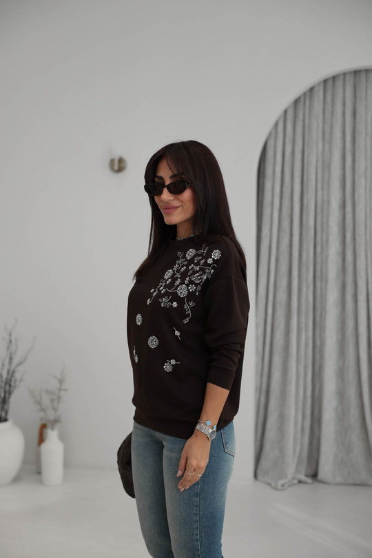 Bisiklet Yaka Pul ve Boncuk İşlemeli Orj Sweatshirt KAHVE