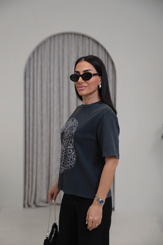 8111 Kaplan Baskılı Pamuklu Yıkamalı Tshirt ANTRASİT