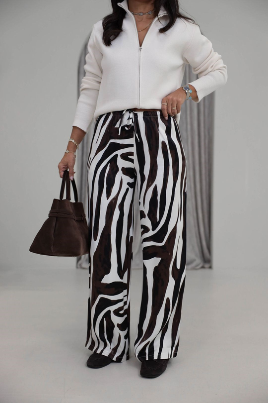 9177 Zebra Desen Saten Kumaş Bel Lastikli Pantolon SİYAHBEYAZ