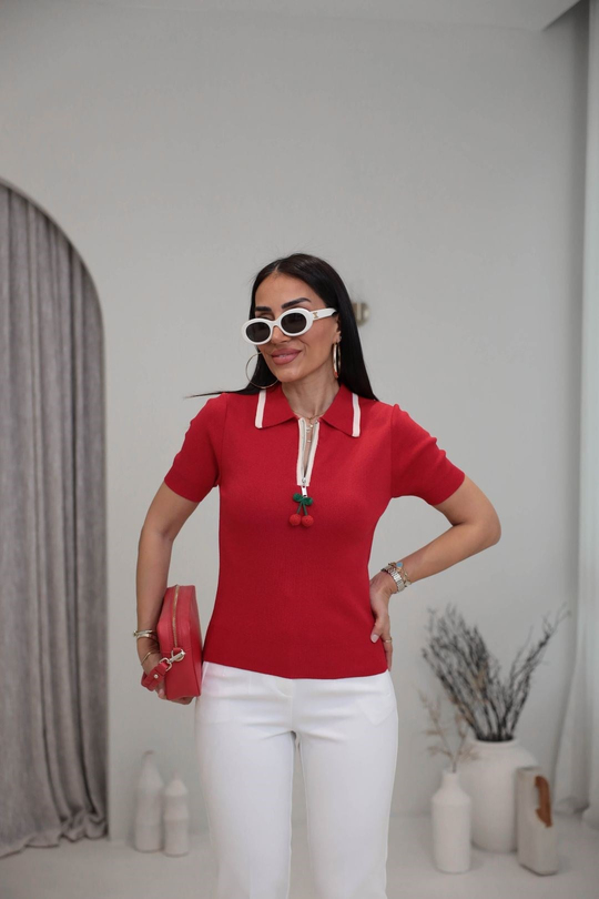 0620 Fermuarı Kiraz Aksesuarlı Rayon Triko Bluz KIRMIZI