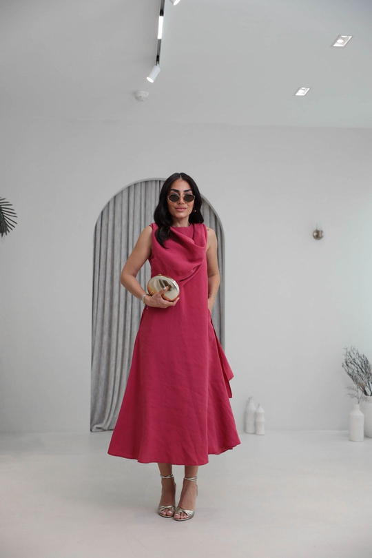 3419 Şal Detaylı Tencel Kumaş Sıfır Kol Elbise FUŞYA