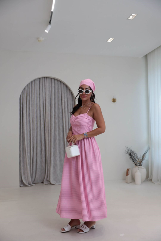 4058 Çizgili Bandana Detaylı Elbise PEMBE