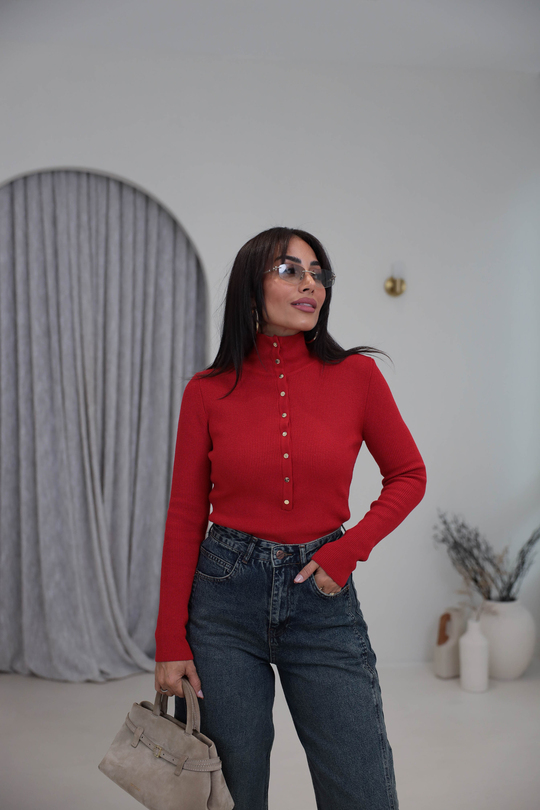 0686Y Çıtçıtlı Dik Yaka Triko Kazak KIRMIZI