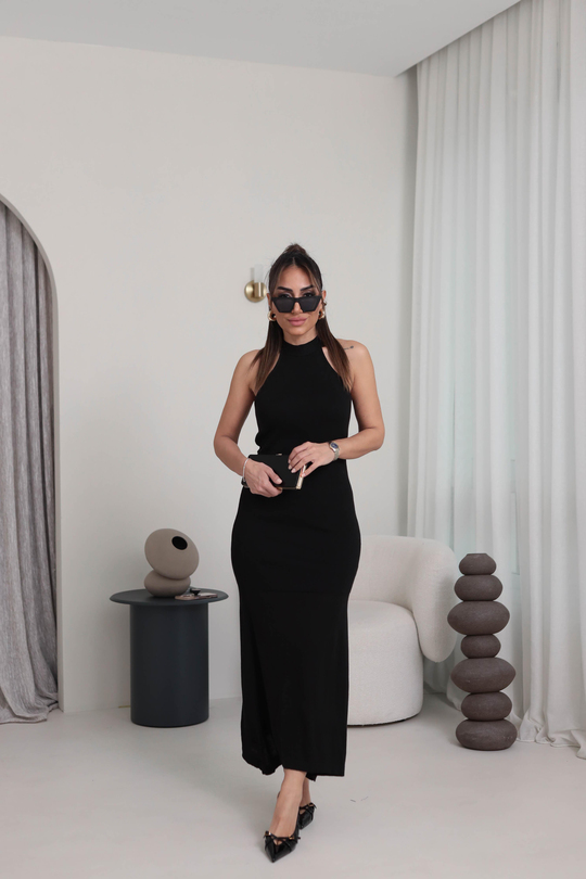 4224 Halter Yaka Triko Elbise SİYAH