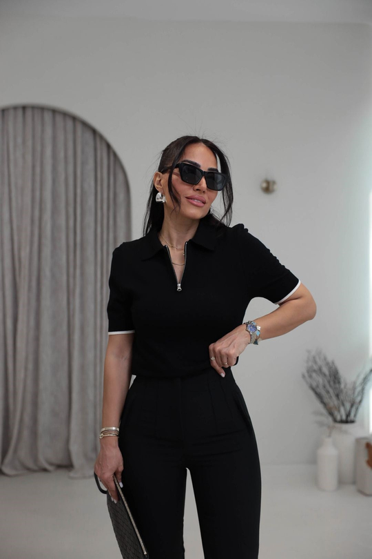 0169 Polo Yaka Fermuarlı Kontrastlı Triko Bluz SİYAH