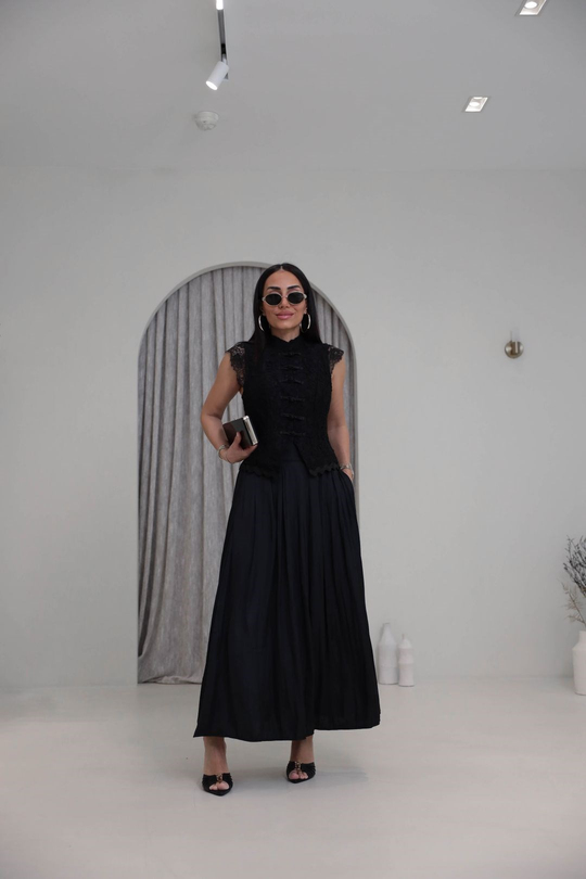 8120 Pileli Maxi Tok Saten Etek SİYAH