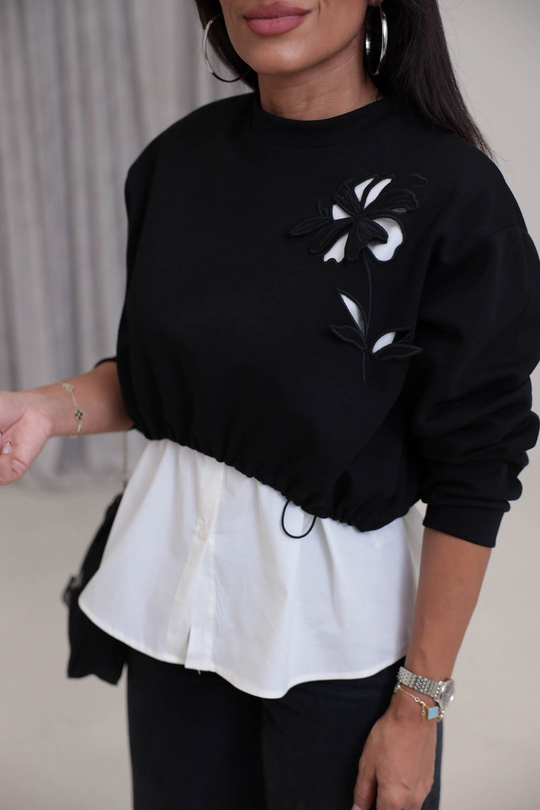 1154 Nakış Gömlek Detaylı Sweatshirt SİYAH
