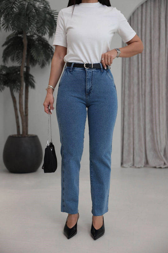 127 Kemerli Paçası Kesik Boyfit Jean MAVİ