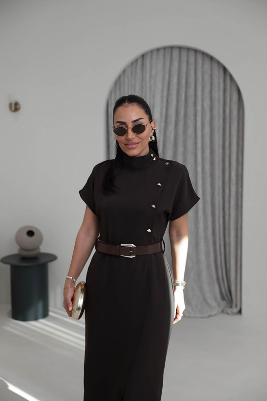 7045 Hakim Yaka Düğme Ve Kemerli Linda Elbise KAHVE
