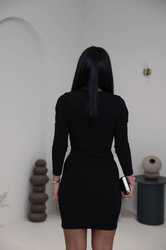 3037 Kruvaze Drapeli Crep Elbise SİYAH