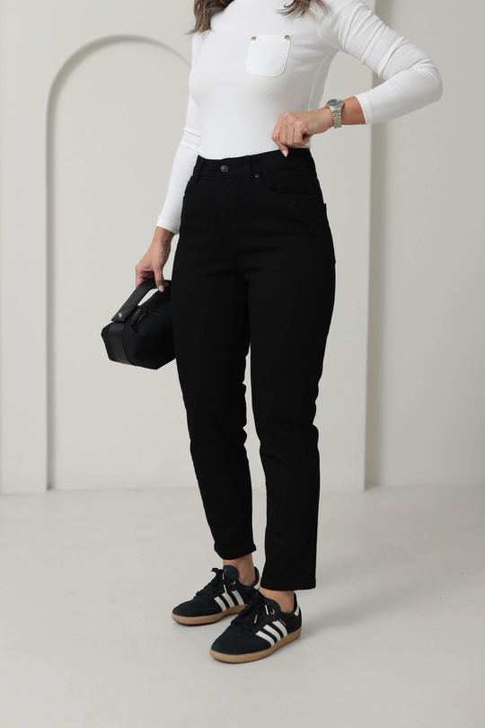 1002 Mom Fit Likralı Jean SİYAH