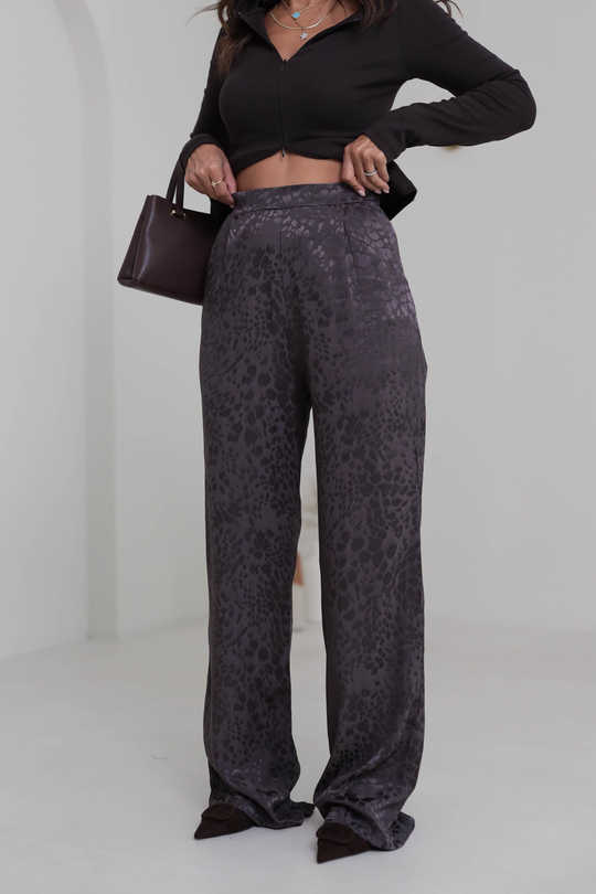 0338 Leopar Desen Saten Pantolon ACI KAHVE
